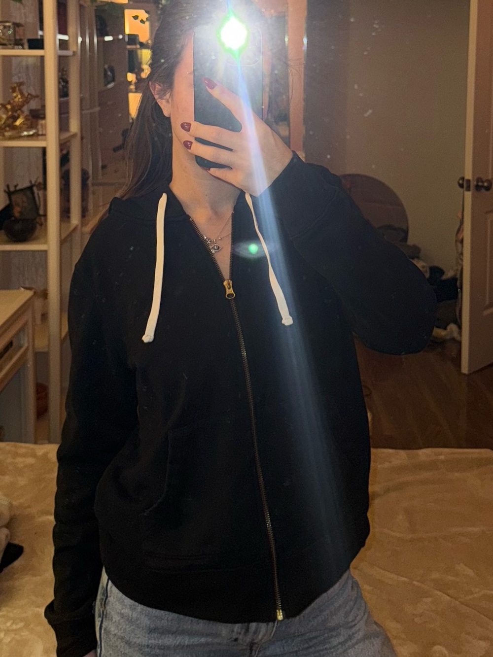 Black Zip-Up Hoodie with White Drawstrings